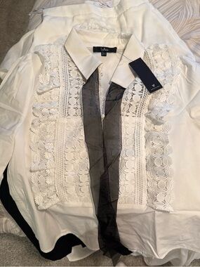 Lulu's White Button-Down Lace Front Shirt with Black Ribbon Tie